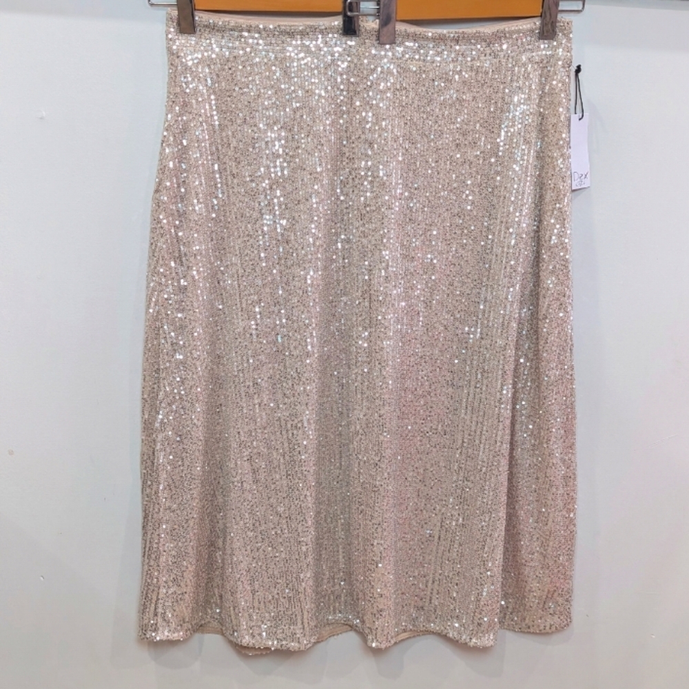 DEX | Women's Cream/Silver Sequin Fully Lined High Waisted Midi Skirt